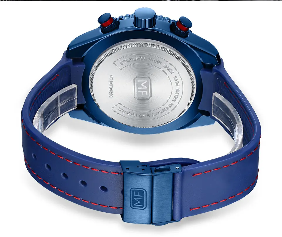 MINI FOCUS Chronograph Quartz Watches for Men Fashion Sport Wristwatch with Auto Date 24-hour Indicator Blue Silicone Strap 0426