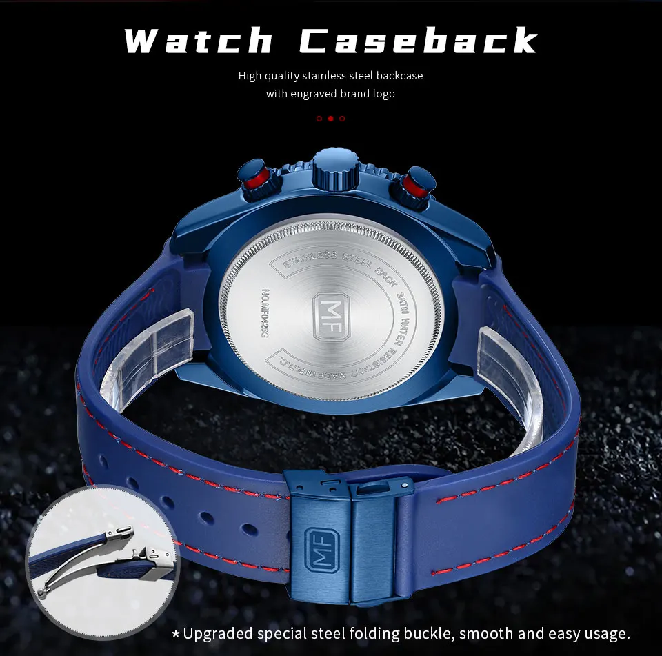MINI FOCUS Chronograph Quartz Watches for Men Fashion Sport Wristwatch with Auto Date 24-hour Indicator Blue Silicone Strap 0426
