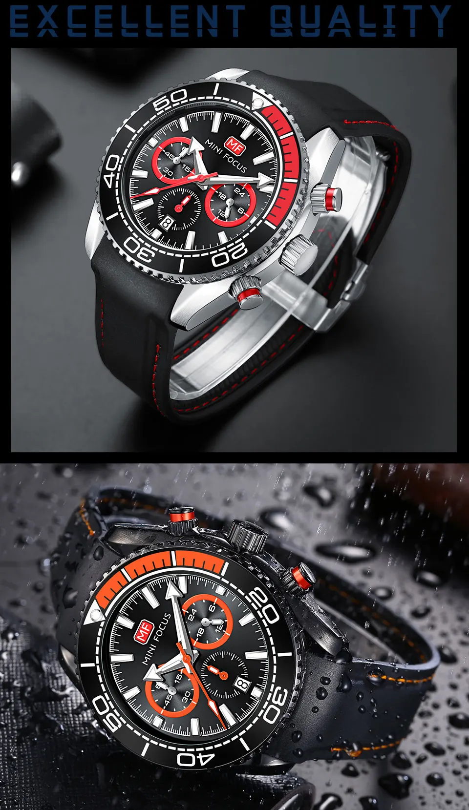 MINI FOCUS Chronograph Quartz Watches for Men Fashion Sport Wristwatch with Auto Date 24-hour Indicator Blue Silicone Strap 0426