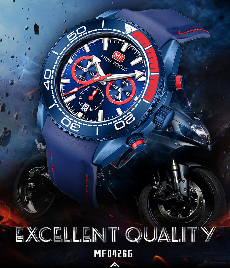 MINI FOCUS Chronograph Quartz Watches for Men Fashion Sport Wristwatch with Auto Date 24-hour Indicator Blue Silicone Strap 0426