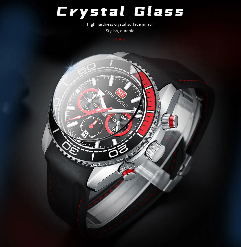 MINI FOCUS Chronograph Quartz Watches for Men Fashion Sport Wristwatch with Auto Date 24-hour Indicator Blue Silicone Strap 0426