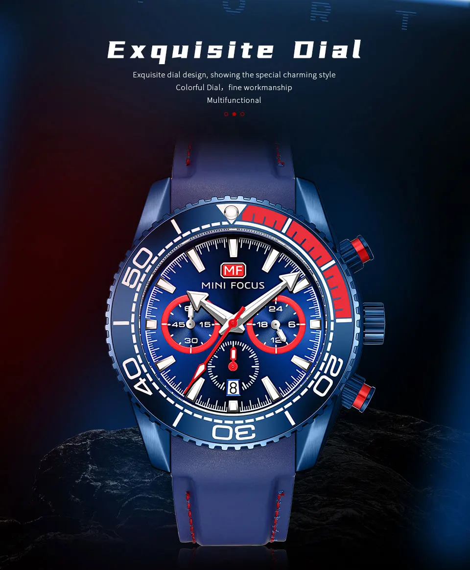MINI FOCUS Chronograph Quartz Watches for Men Fashion Sport Wristwatch with Auto Date 24-hour Indicator Blue Silicone Strap 0426
