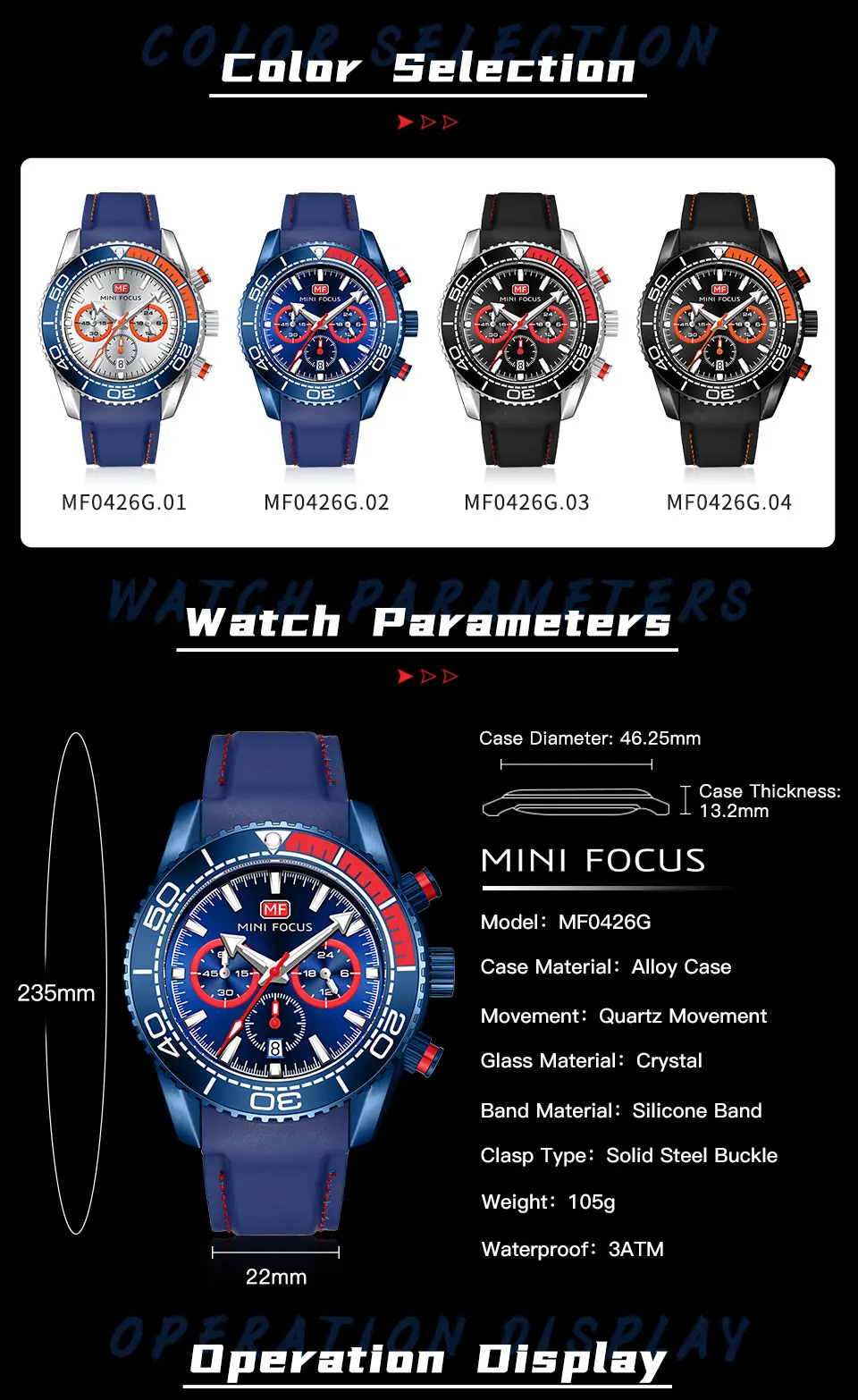 MINI FOCUS Chronograph Quartz Watches for Men Fashion Sport Wristwatch with Auto Date 24-hour Indicator Blue Silicone Strap 0426