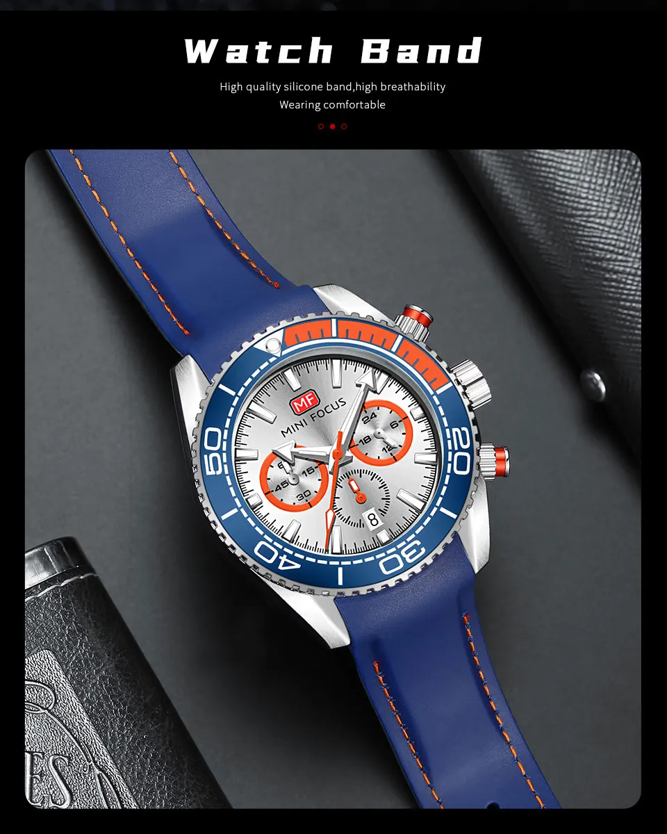 MINI FOCUS Chronograph Quartz Watches for Men Fashion Sport Wristwatch with Auto Date 24-hour Indicator Blue Silicone Strap 0426