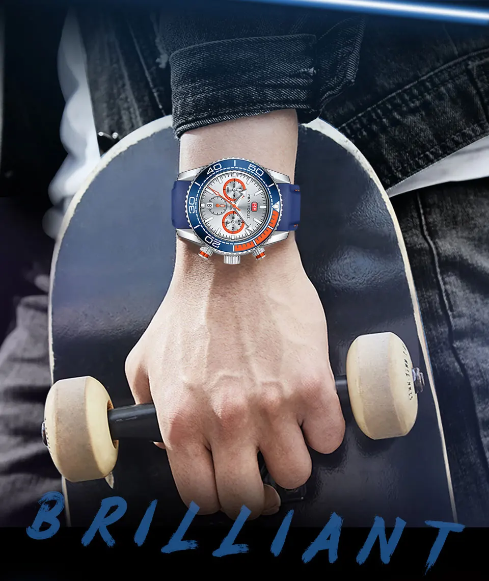 MINI FOCUS Chronograph Quartz Watches for Men Fashion Sport Wristwatch with Auto Date 24-hour Indicator Blue Silicone Strap 0426