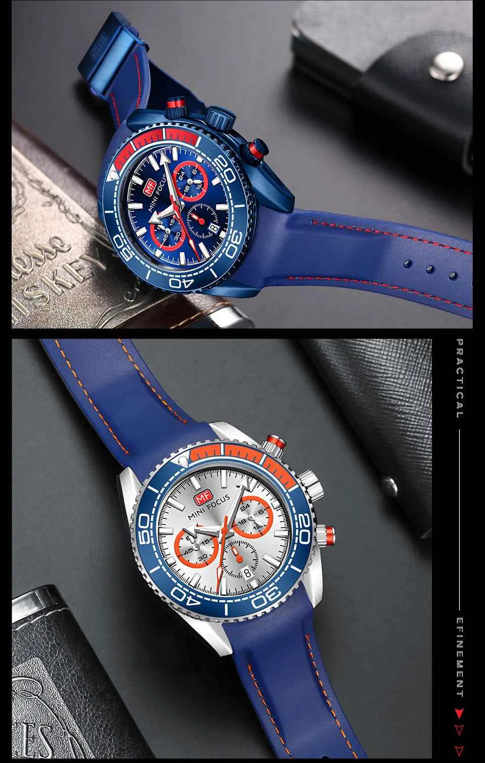 MINI FOCUS Chronograph Quartz Watches for Men Fashion Sport Wristwatch with Auto Date 24-hour Indicator Blue Silicone Strap 0426
