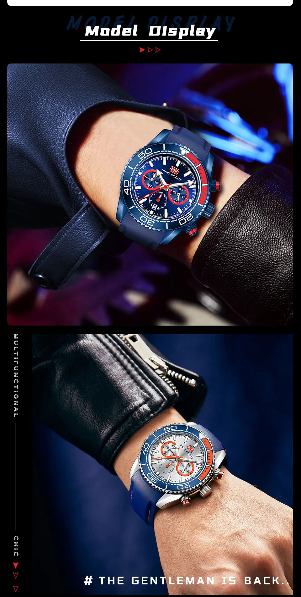 MINI FOCUS Chronograph Quartz Watches for Men Fashion Sport Wristwatch with Auto Date 24-hour Indicator Blue Silicone Strap 0426