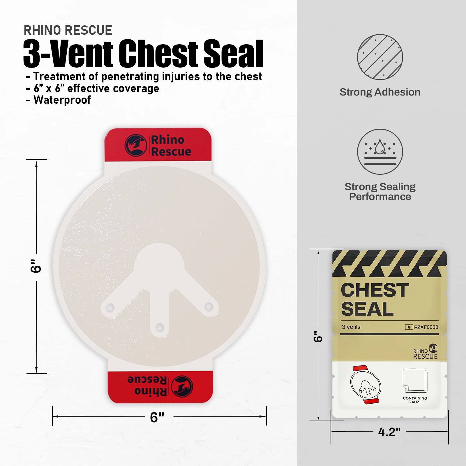 RHINO RESCUE Vent Chest Seal Twin-Pack, Emergency Seal Patch for First Aid Kit, IFAK Supplies for Outdoor Camping