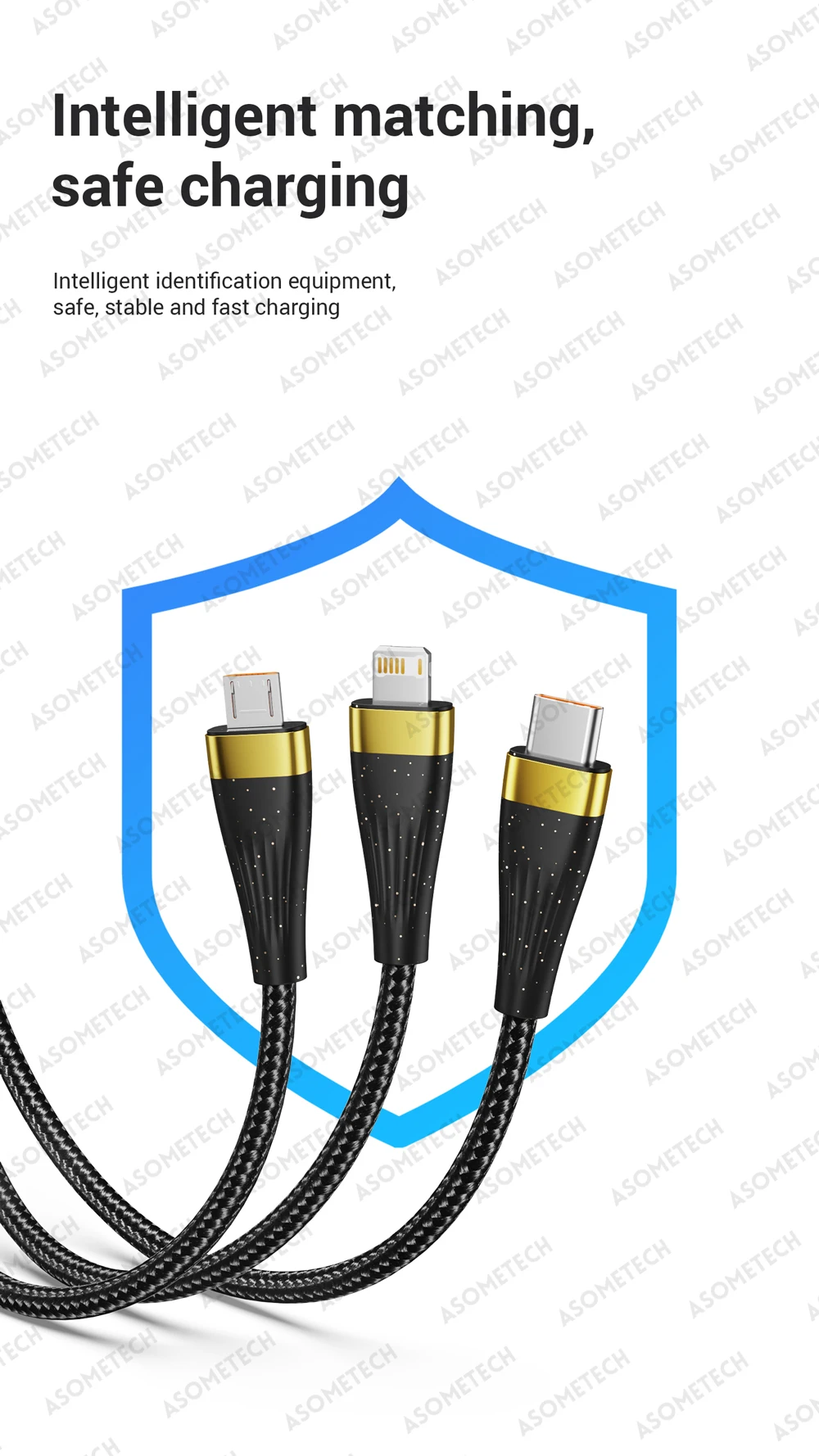 ASOMETECH 3 in 1 USB Charge Cable 6A 100W for Huawei/Honor Portable Micro USB TypeC Cable Charging Cable For iPhone 14 Samsung