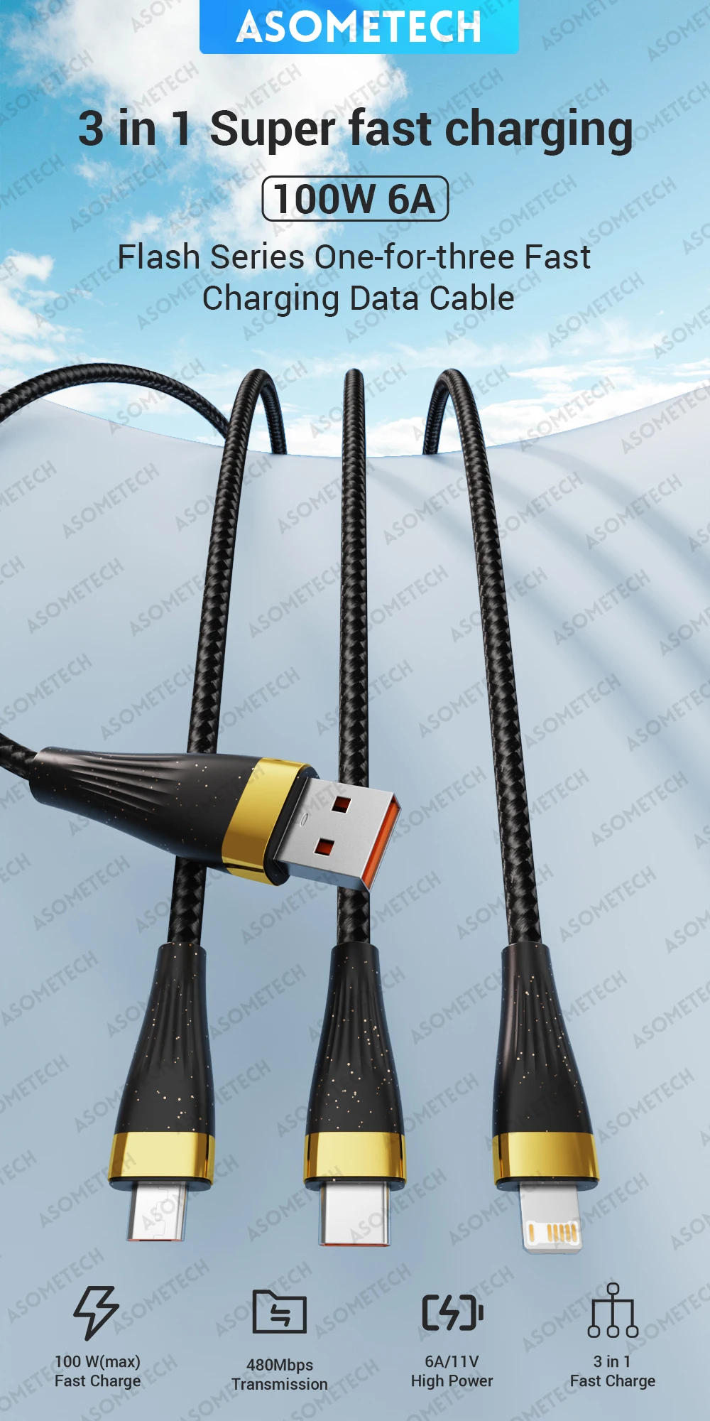 ASOMETECH 3 in 1 USB Charge Cable 6A 100W for Huawei/Honor Portable Micro USB TypeC Cable Charging Cable For iPhone 14 Samsung