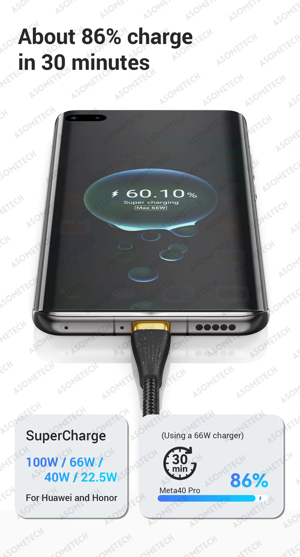 ASOMETECH 3 in 1 USB Charge Cable 6A 100W for Huawei/Honor Portable Micro USB TypeC Cable Charging Cable For iPhone 14 Samsung