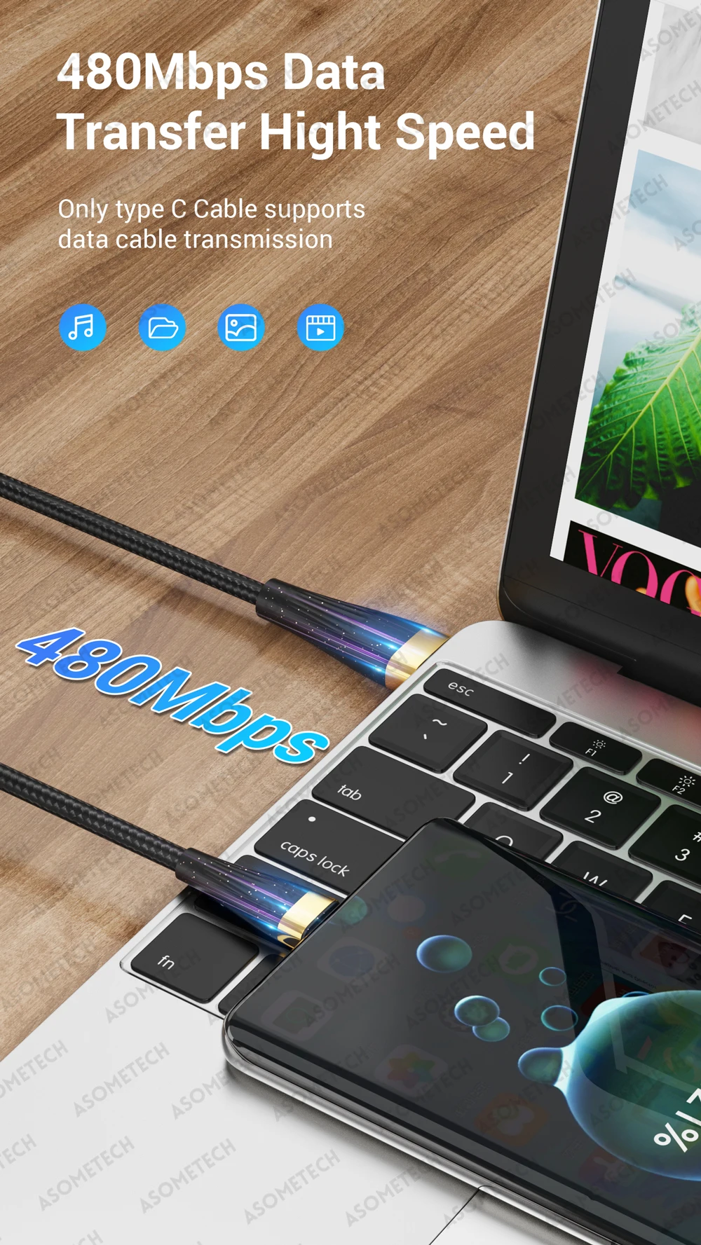 ASOMETECH 3 in 1 USB Charge Cable 6A 100W for Huawei/Honor Portable Micro USB TypeC Cable Charging Cable For iPhone 14 Samsung