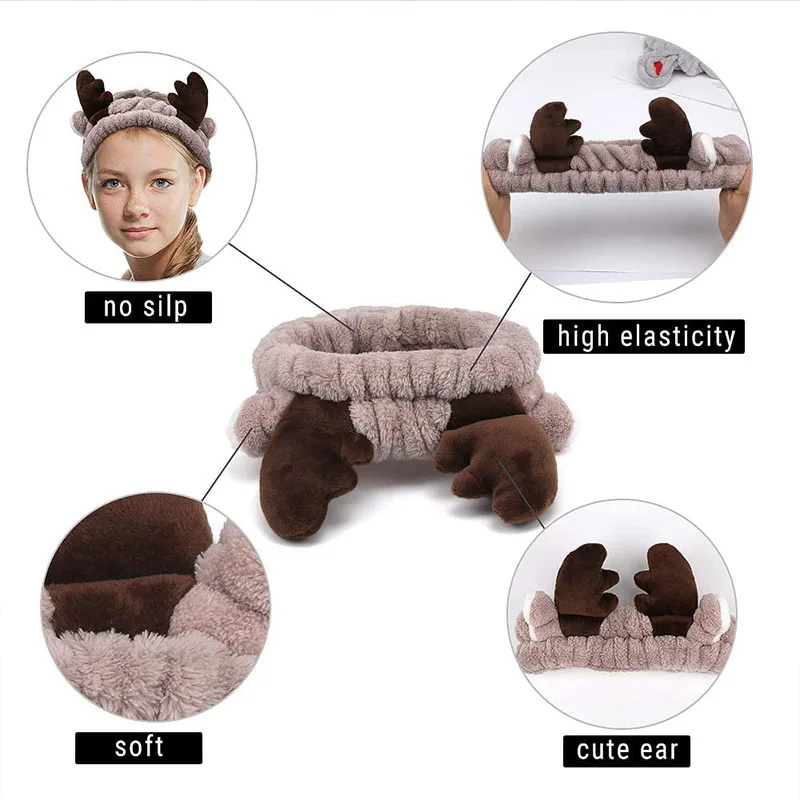 Cute Bow Antler Ears Coral Fleece Soft Warm Headband For Women Girl Washing Face Makeup Bath Head Wrap Hairband Hair Accessories