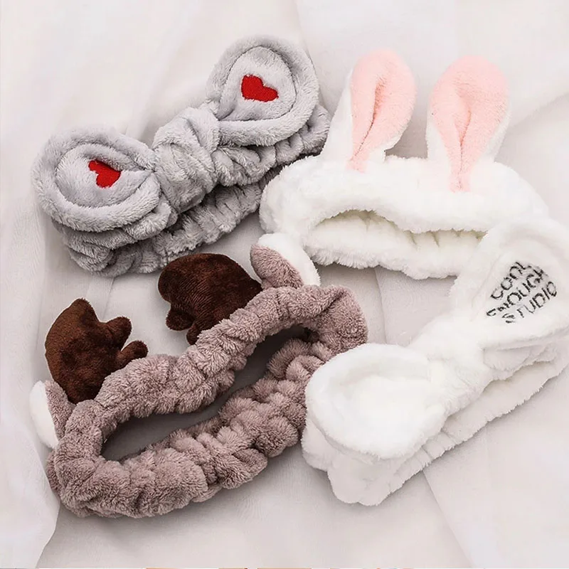 Cute Bow Antler Ears Coral Fleece Soft Warm Headband For Women Girl Washing Face Makeup Bath Head Wrap Hairband Hair Accessories