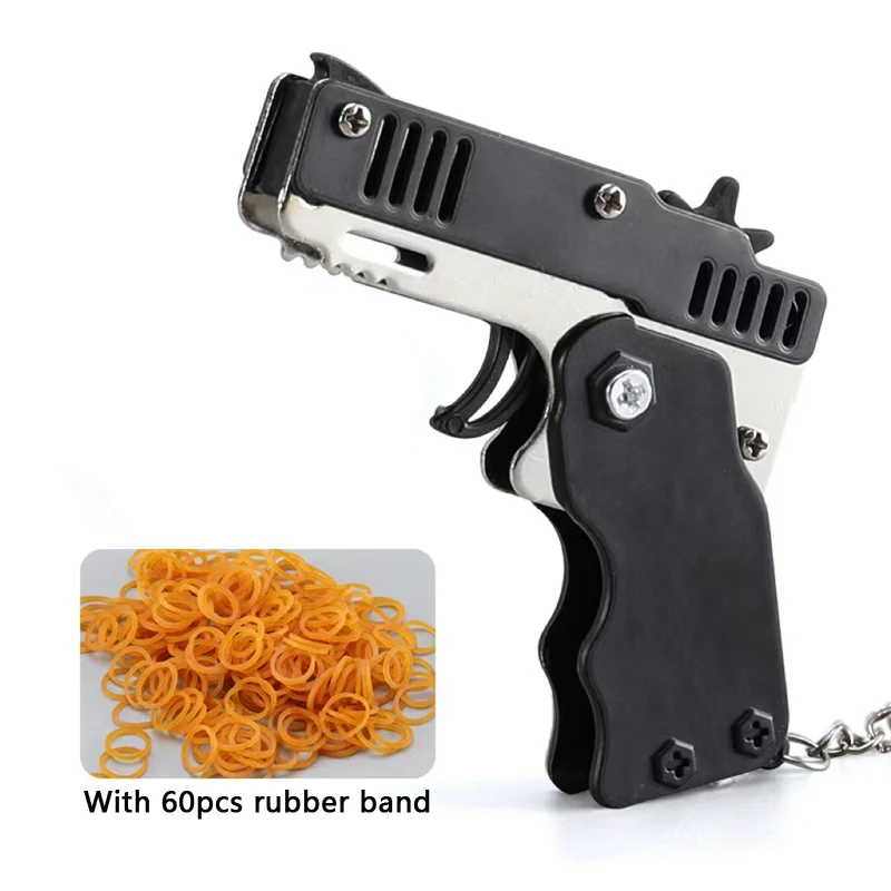 Mini Keychain Rubber Band Gun Toy Metal Folding Rubber Band Launcher Toy Gun Shooting Pistol Kids Outdoor Activities Party Game