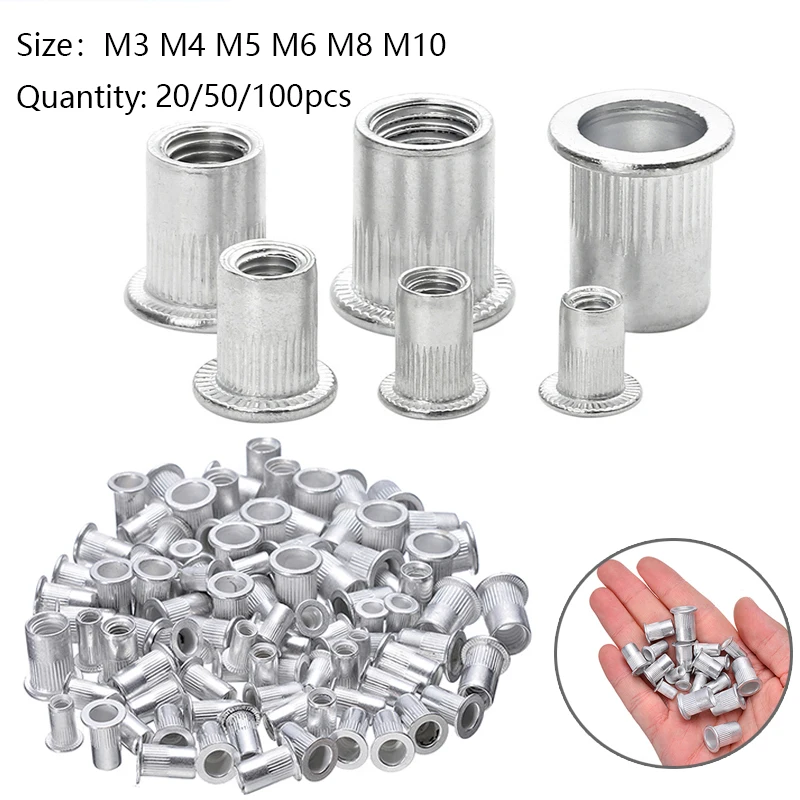 100/50/20Pcs M3 M4 M5 M6 M8 M10 Aluminum Alloy Rivnut Flat Head Threaded Rivet Insert Nutsert Cap Rivet Nut