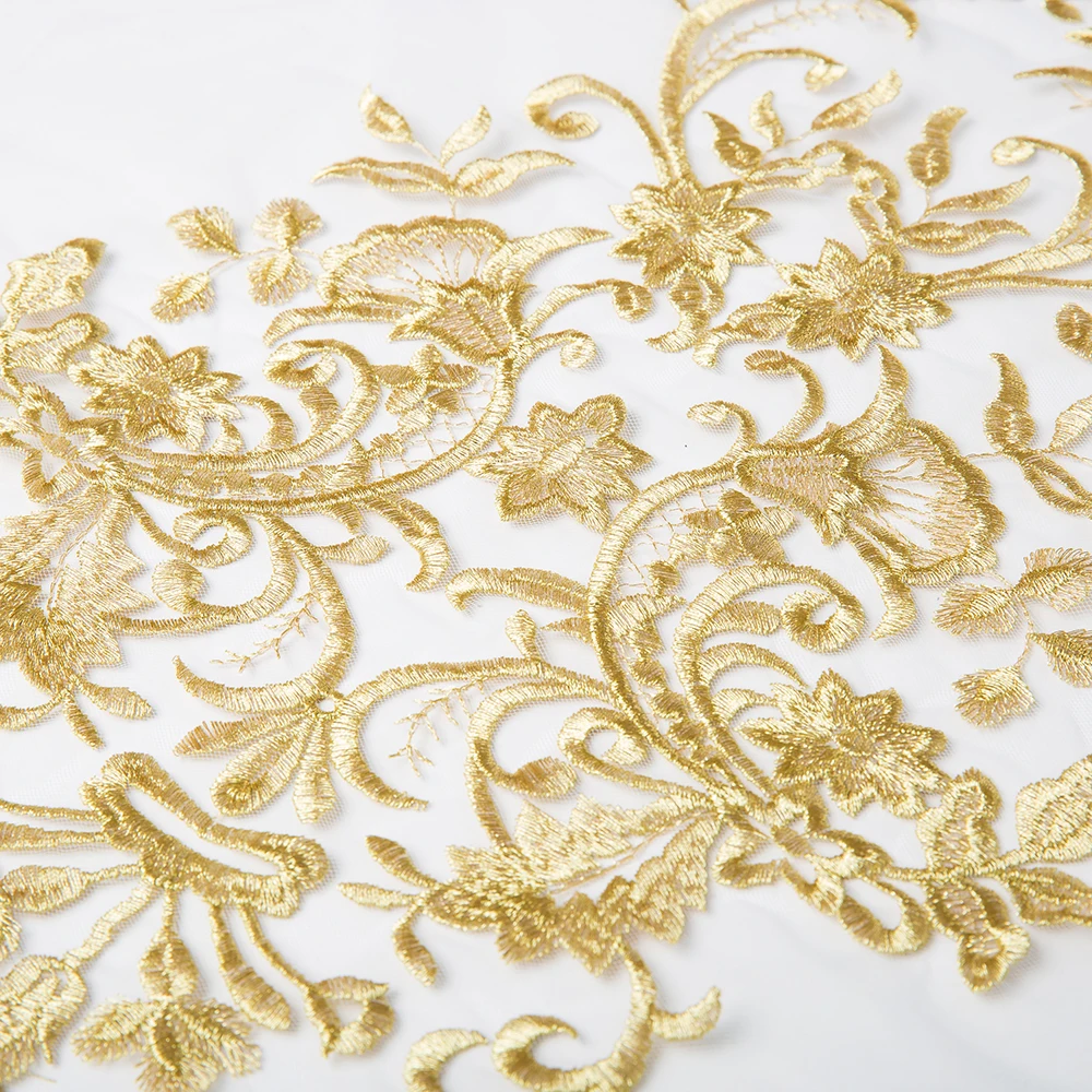 1Pc Embroidery Gold Thread Lace Fabric Applique Handmade Flower Patch Wedding Dress Curtain DIY Repair Accessories