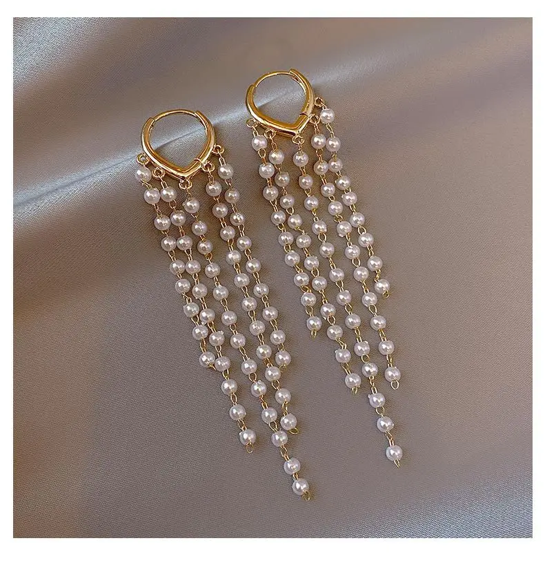 Minar Exquisite Simulated Pearls Strand Long Tassel Earring for Women Gold Color Alloy Hoop Earrings Wholesale Party Jewelry