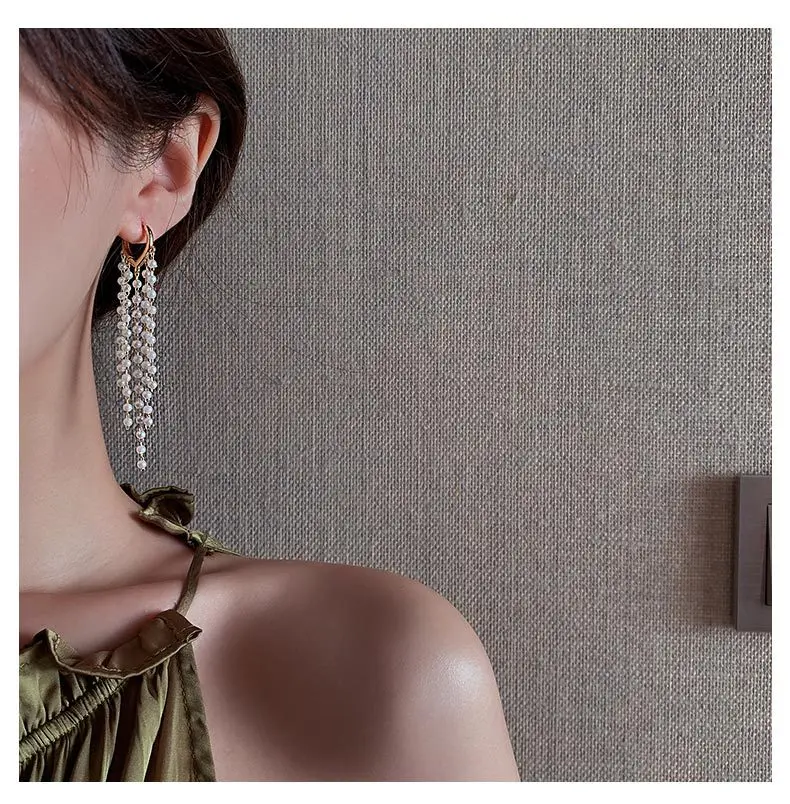 Minar Exquisite Simulated Pearls Strand Long Tassel Earring for Women Gold Color Alloy Hoop Earrings Wholesale Party Jewelry