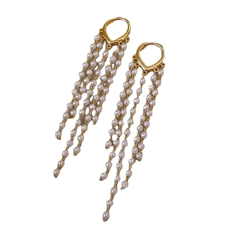 Minar Exquisite Simulated Pearls Strand Long Tassel Earring for Women Gold Color Alloy Hoop Earrings Wholesale Party Jewelry