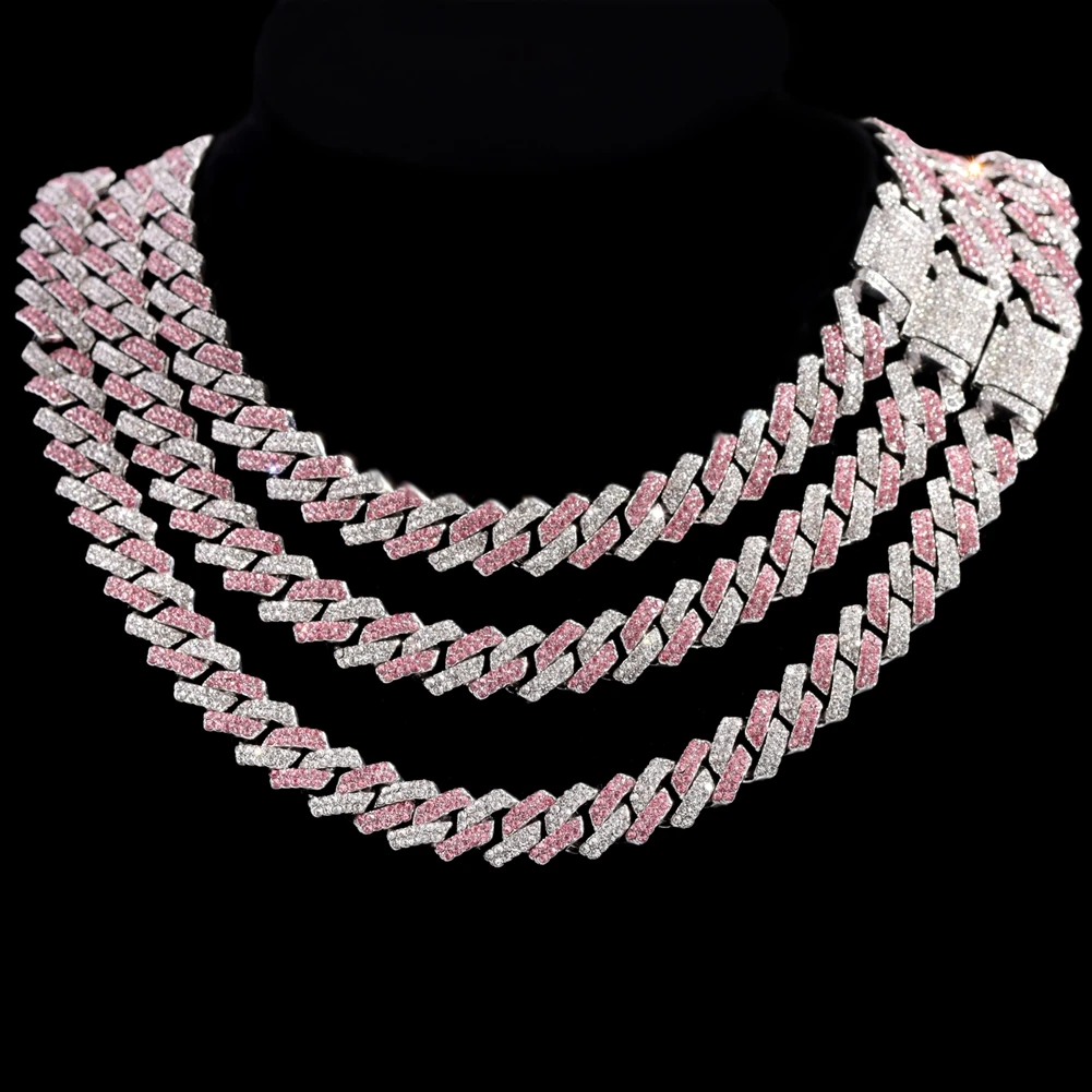 Hip Hop Pink Crystal Cuban Link Chain Necklace for Women Bling Iced Out Silver Color Rhinestone Paved Choker Necklaces Jewelry