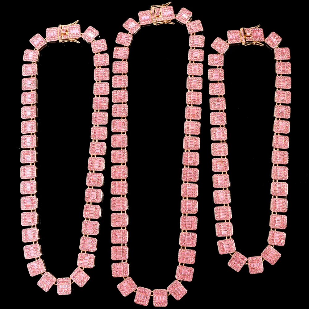 Hip Hop Pink Crystal Cuban Link Chain Necklace for Women Bling Iced Out Silver Color Rhinestone Paved Choker Necklaces Jewelry