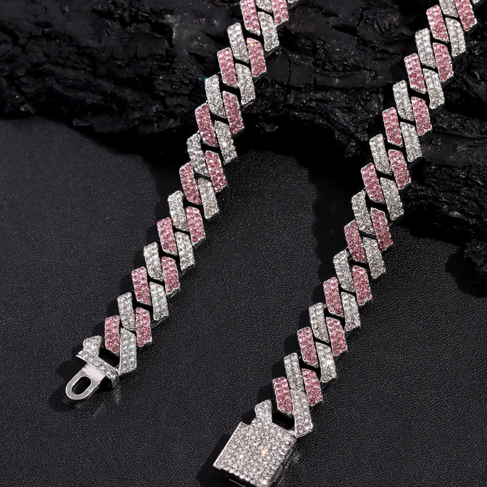 Hip Hop Pink Crystal Cuban Link Chain Necklace for Women Bling Iced Out Silver Color Rhinestone Paved Choker Necklaces Jewelry