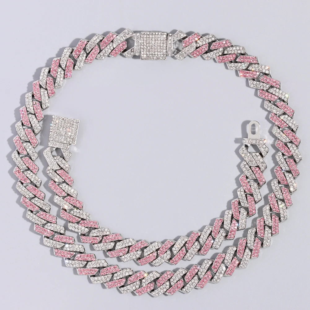 Hip Hop Pink Crystal Cuban Link Chain Necklace for Women Bling Iced Out Silver Color Rhinestone Paved Choker Necklaces Jewelry
