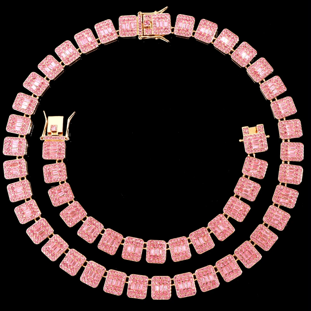 Hip Hop Pink Crystal Cuban Link Chain Necklace for Women Bling Iced Out Silver Color Rhinestone Paved Choker Necklaces Jewelry