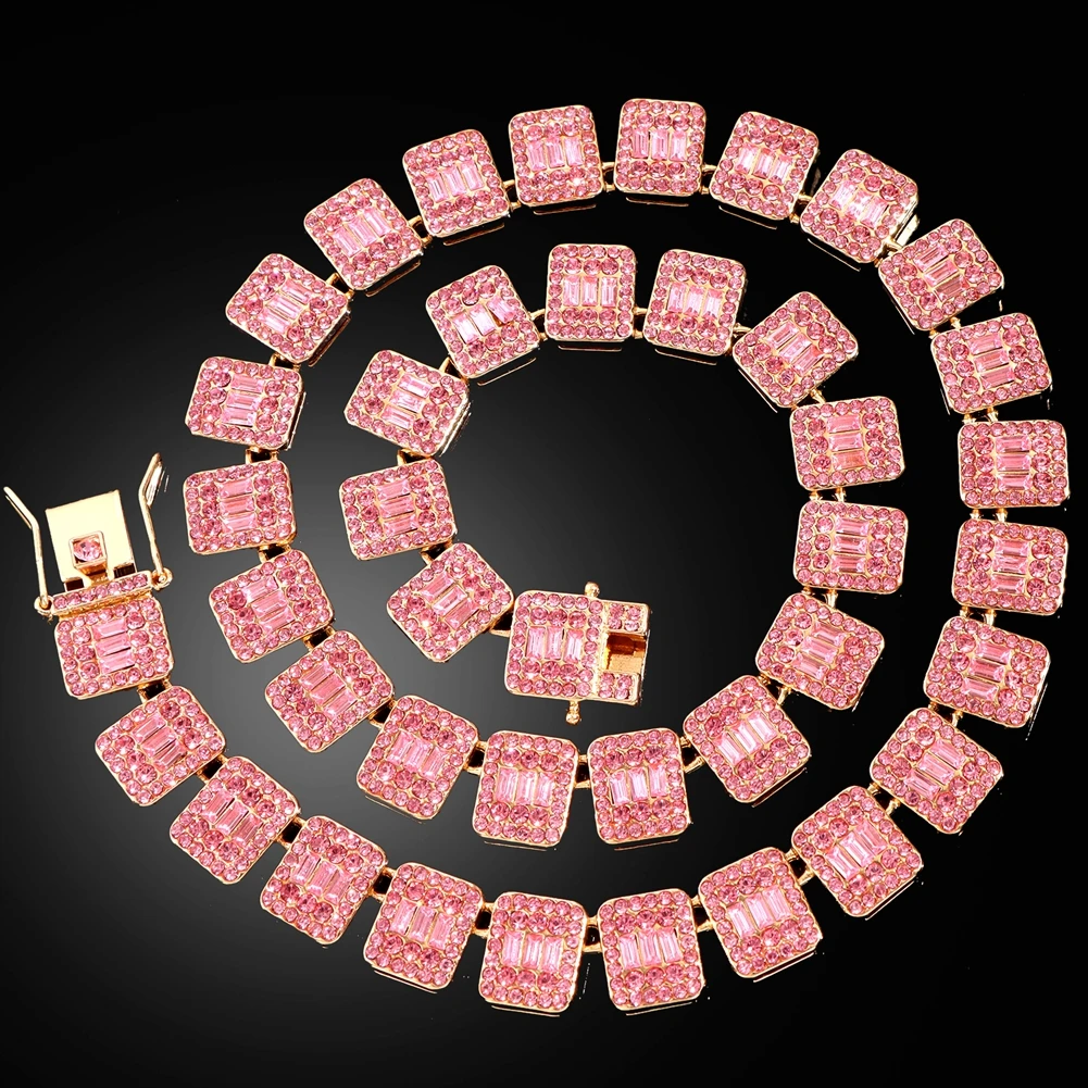 Hip Hop Pink Crystal Cuban Link Chain Necklace for Women Bling Iced Out Silver Color Rhinestone Paved Choker Necklaces Jewelry