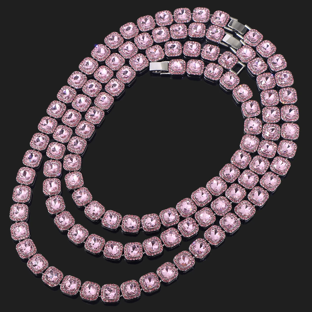 Hip Hop Pink Crystal Cuban Link Chain Necklace for Women Bling Iced Out Silver Color Rhinestone Paved Choker Necklaces Jewelry