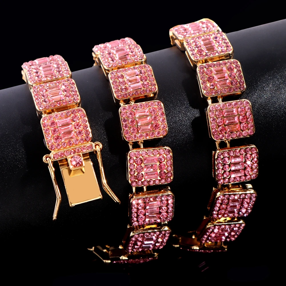 Hip Hop Pink Crystal Cuban Link Chain Necklace for Women Bling Iced Out Silver Color Rhinestone Paved Choker Necklaces Jewelry
