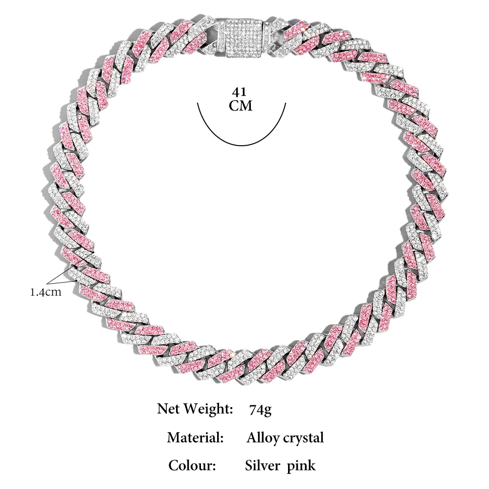 Hip Hop Pink Crystal Cuban Link Chain Necklace for Women Bling Iced Out Silver Color Rhinestone Paved Choker Necklaces Jewelry