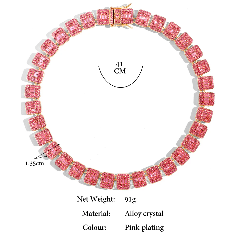 Hip Hop Pink Crystal Cuban Link Chain Necklace for Women Bling Iced Out Silver Color Rhinestone Paved Choker Necklaces Jewelry