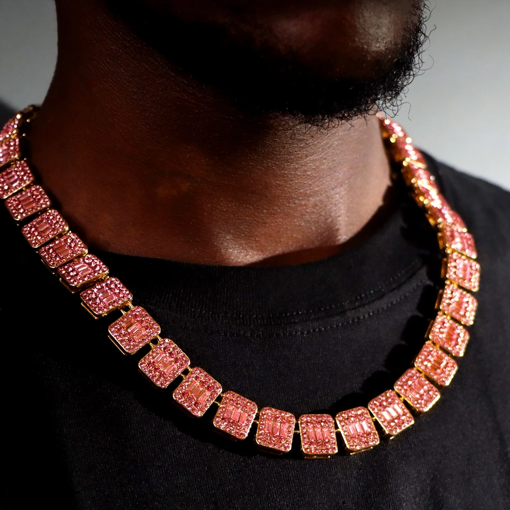 Hip Hop Pink Crystal Cuban Link Chain Necklace for Women Bling Iced Out Silver Color Rhinestone Paved Choker Necklaces Jewelry