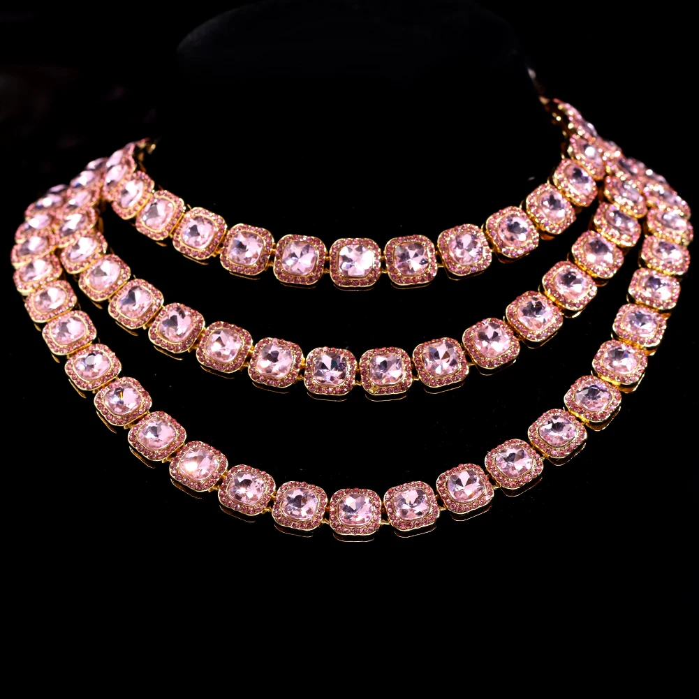 Hip Hop Pink Crystal Cuban Link Chain Necklace for Women Bling Iced Out Silver Color Rhinestone Paved Choker Necklaces Jewelry
