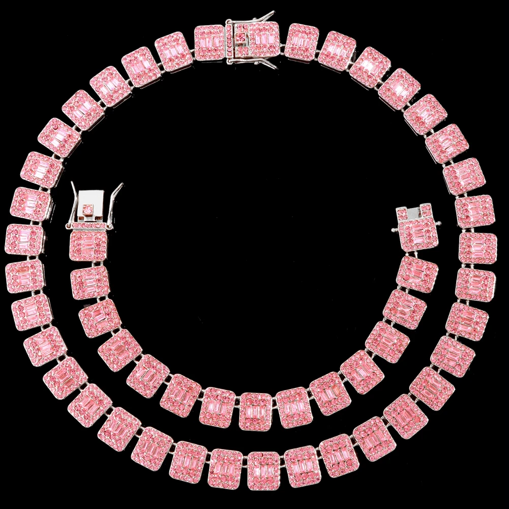 Hip Hop Pink Crystal Cuban Link Chain Necklace for Women Bling Iced Out Silver Color Rhinestone Paved Choker Necklaces Jewelry