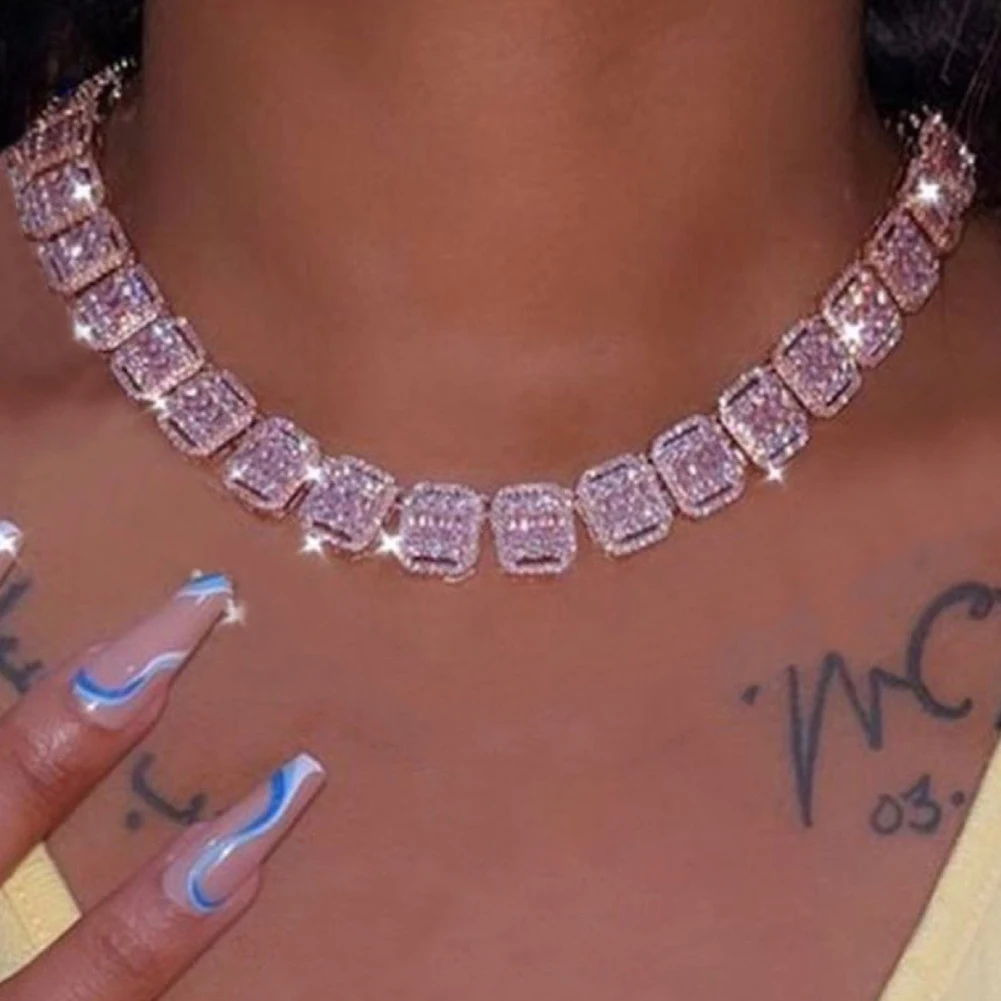 Hip Hop Pink Crystal Cuban Link Chain Necklace for Women Bling Iced Out Silver Color Rhinestone Paved Choker Necklaces Jewelry