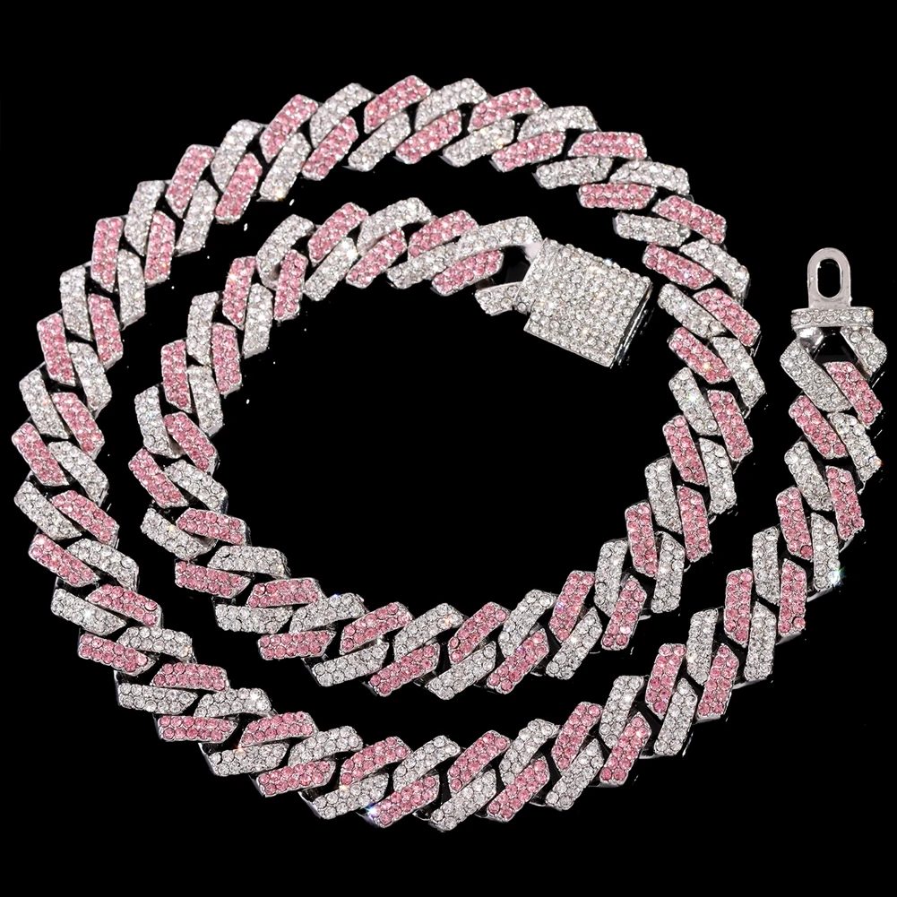 Hip Hop Pink Crystal Cuban Link Chain Necklace for Women Bling Iced Out Silver Color Rhinestone Paved Choker Necklaces Jewelry
