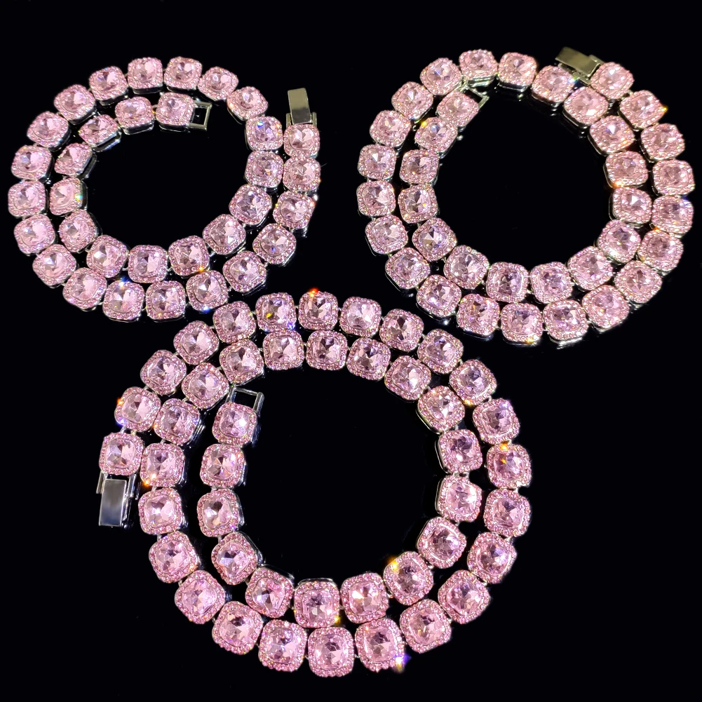 Hip Hop Pink Crystal Cuban Link Chain Necklace for Women Bling Iced Out Silver Color Rhinestone Paved Choker Necklaces Jewelry