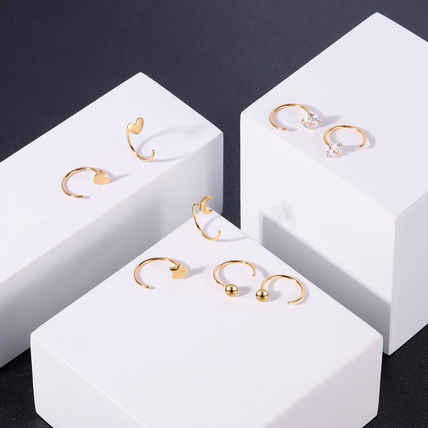 ZEMO 20G 2PCS 999 Sliver Hoop Earring Gold Plated Heart Round Ear Hoop Zircon Opening Huggies Piercings Girls Cute Circle Rings