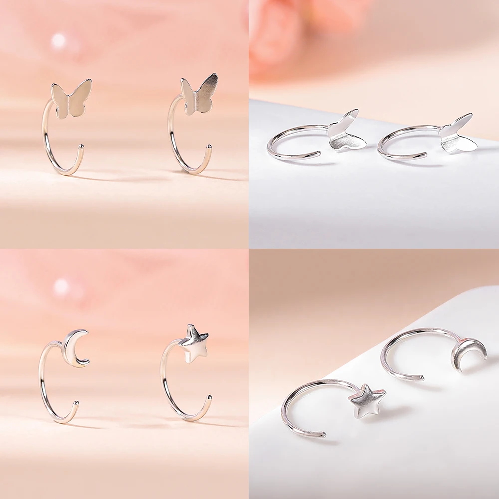 ZEMO 20G 2PCS 999 Sliver Hoop Earring Gold Plated Heart Round Ear Hoop Zircon Opening Huggies Piercings Girls Cute Circle Rings