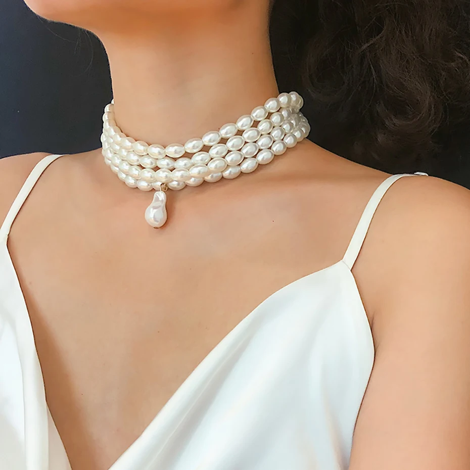 Elegant Irregular Imitation Pearl Choker Necklace Women Bride Multilayer Clavicle Chain Aesthetic Neck Jewelry Wed Accessories