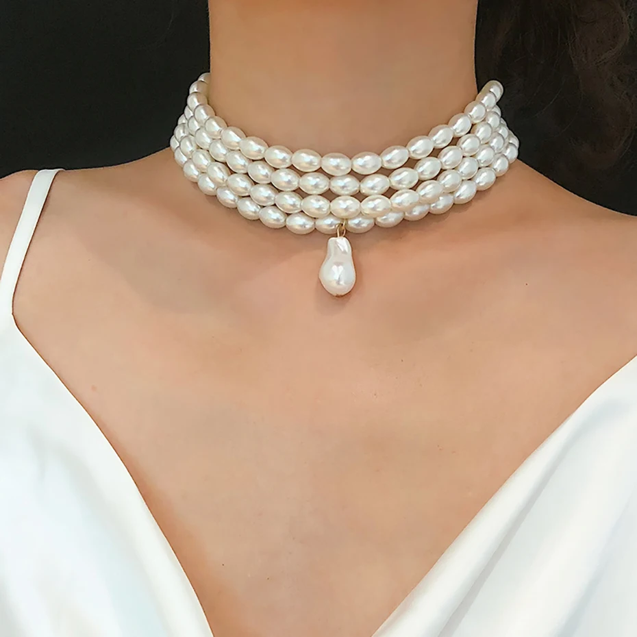 Elegant Irregular Imitation Pearl Choker Necklace Women Bride Multilayer Clavicle Chain Aesthetic Neck Jewelry Wed Accessories