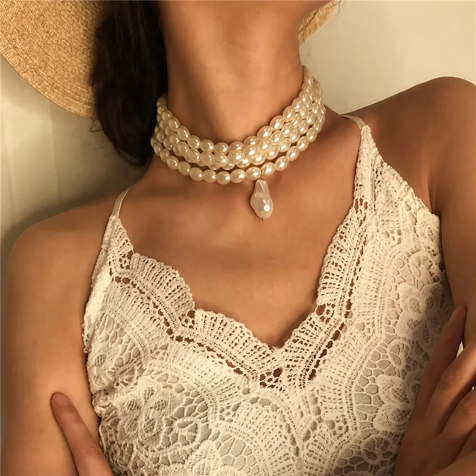 Elegant Irregular Imitation Pearl Choker Necklace Women Bride Multilayer Clavicle Chain Aesthetic Neck Jewelry Wed Accessories