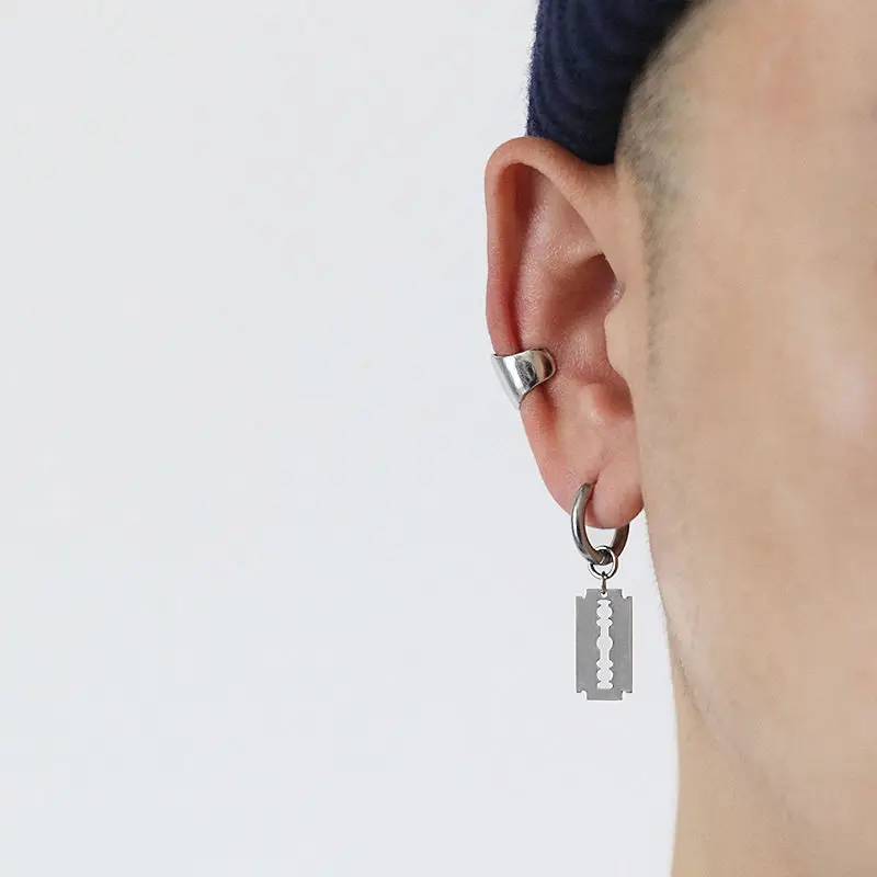 1Pair/2Pcs Blade Chain Tassel Pendant Ear Clip/Buckle Earrings For Women Men Stainless Steel Painless Hip Hop Gothic Pop Jewelry