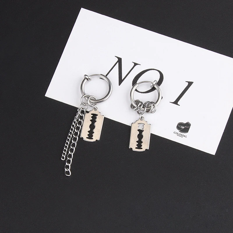 1Pair/2Pcs Blade Chain Tassel Pendant Ear Clip/Buckle Earrings For Women Men Stainless Steel Painless Hip Hop Gothic Pop Jewelry
