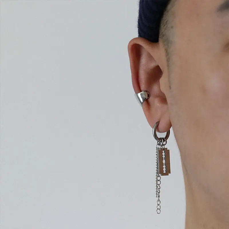 1Pair/2Pcs Blade Chain Tassel Pendant Ear Clip/Buckle Earrings For Women Men Stainless Steel Painless Hip Hop Gothic Pop Jewelry