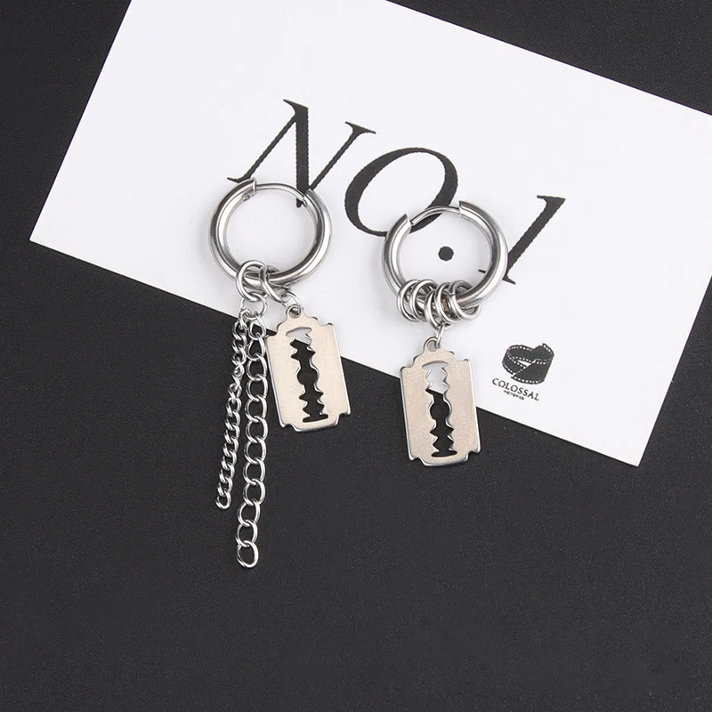 1Pair/2Pcs Blade Chain Tassel Pendant Ear Clip/Buckle Earrings For Women Men Stainless Steel Painless Hip Hop Gothic Pop Jewelry