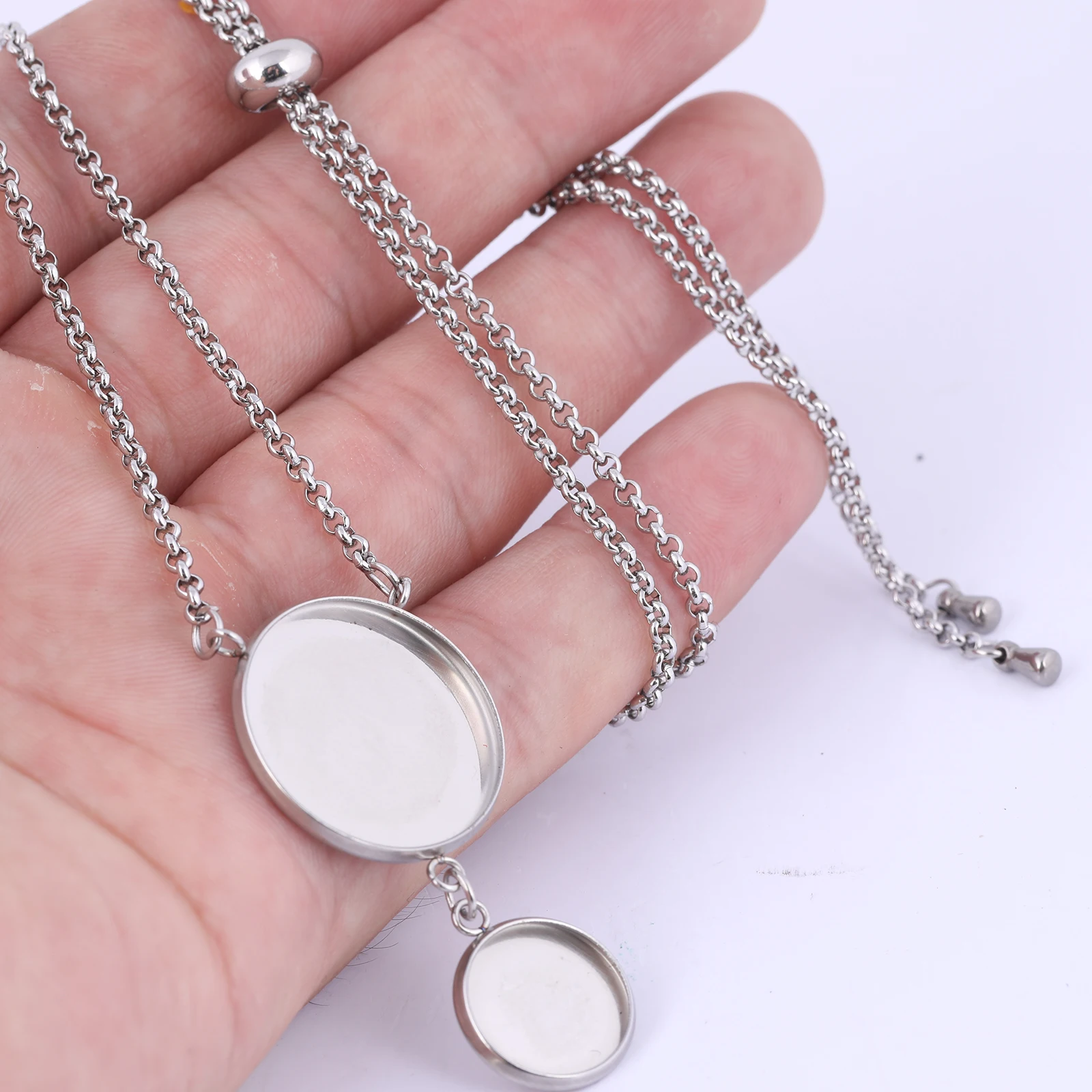 2pcs Stainless Steel 12mm 20mm Cabochon Pendant Base Setting Trays Diy Adjustable Chain Necklace Bezel Blanks For Jewelry Making